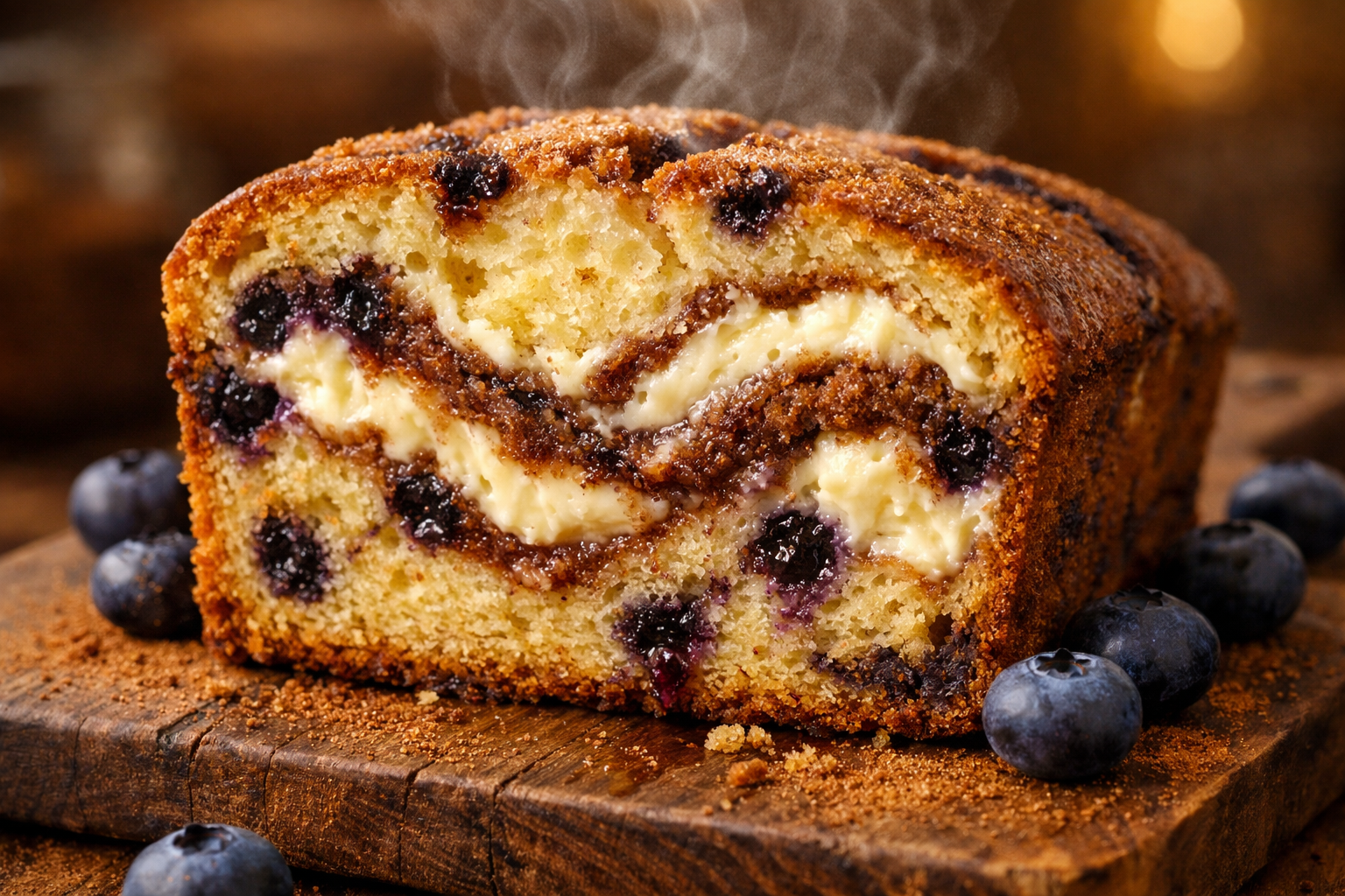 Close-up cross-section view of freshly sliced cinnamon swirl blueberry cream cheese loaf showing distinct layers and marbled cream cheese ri