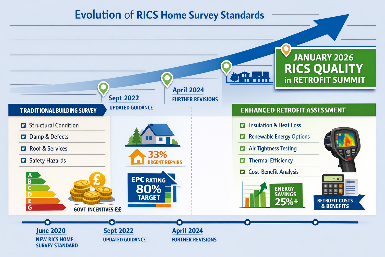 Landscape format (1536x1024) detailed infographic showing evolution of RICS home survey standards timeline from 2020 to 2026, with prominent