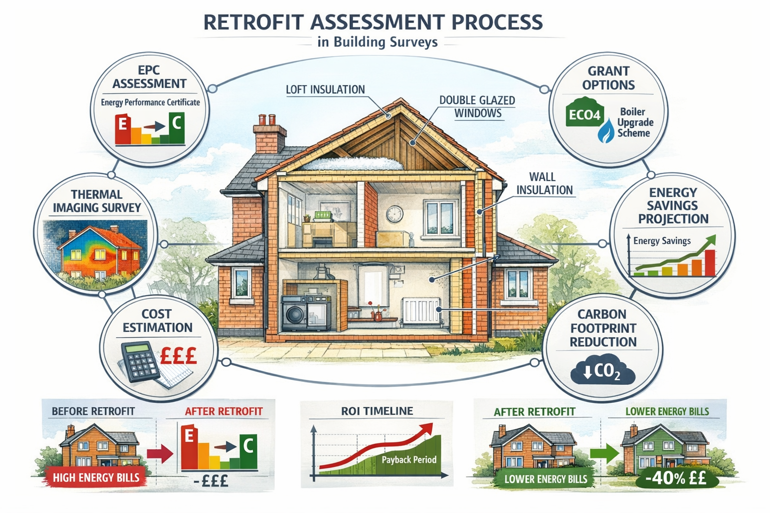 Landscape format (1536x1024) comprehensive visual breakdown of retrofit assessment process within building surveys, showing step-by-step wor