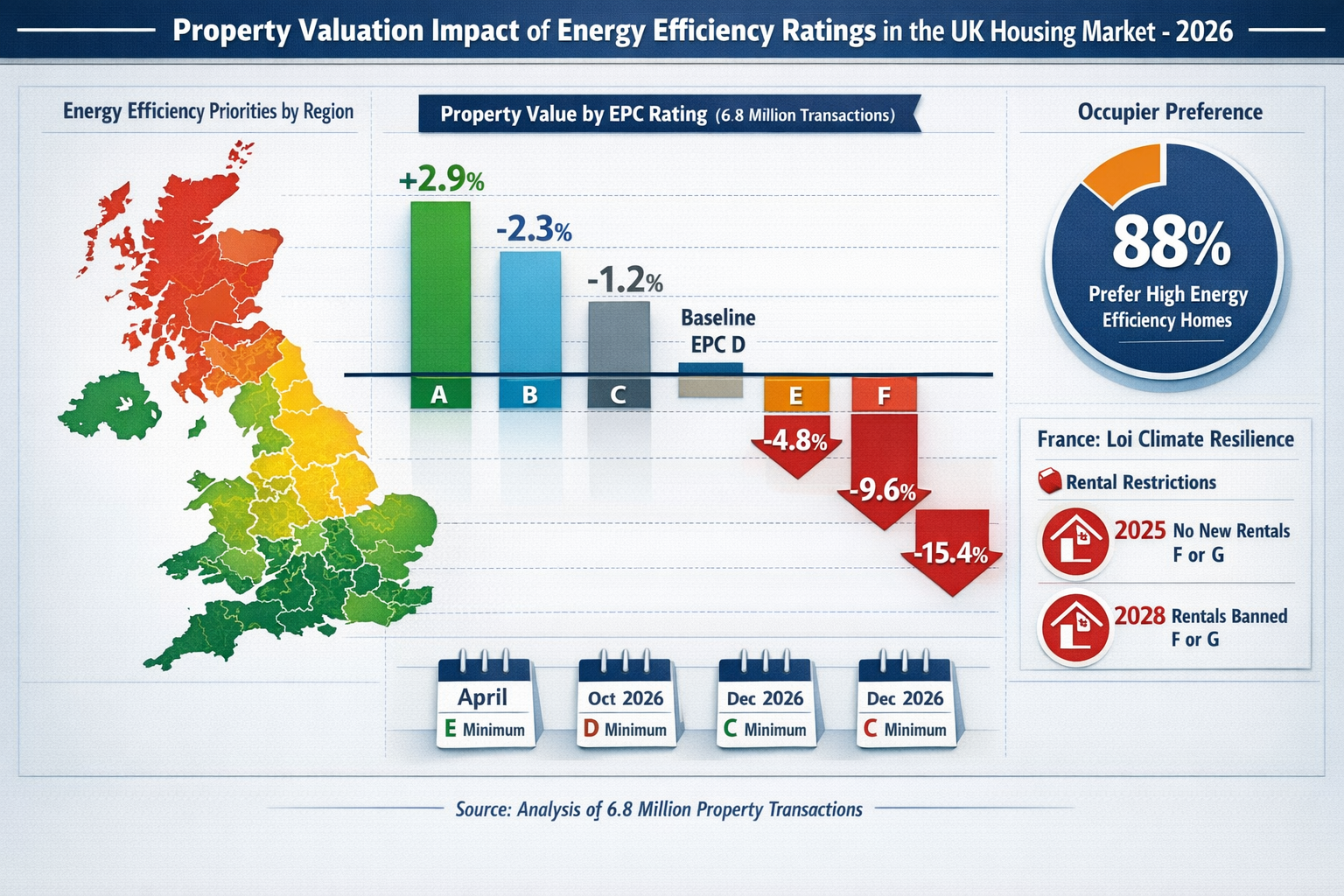 Landscape format (1536x1024) detailed market analysis visualization showing property valuation impact of energy efficiency ratings across UK