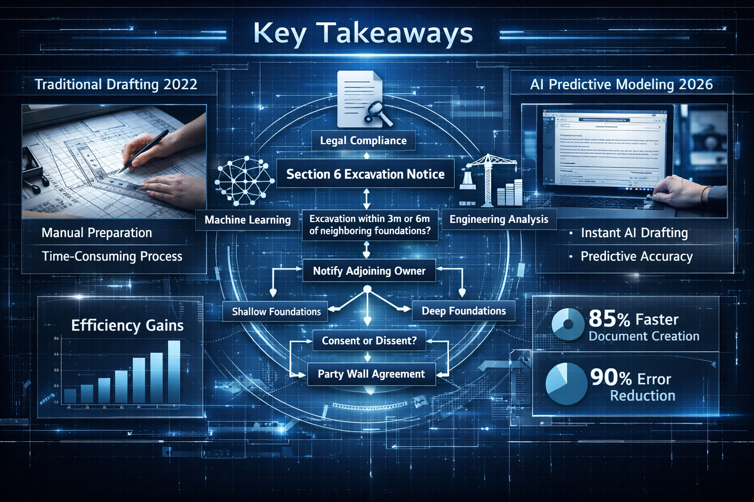 Key Takeaways visualization featuring a futuristic digital blueprint overlaid with AI-generated party wall notice templates,