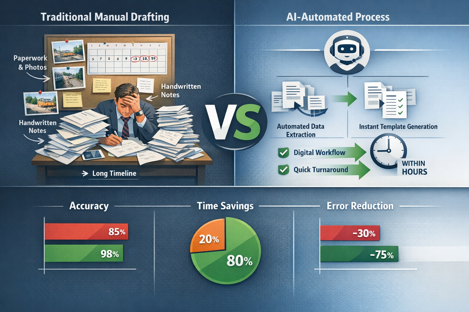 () professional infographic-style visualization comparing traditional manual notice drafting versus AI-automated process.