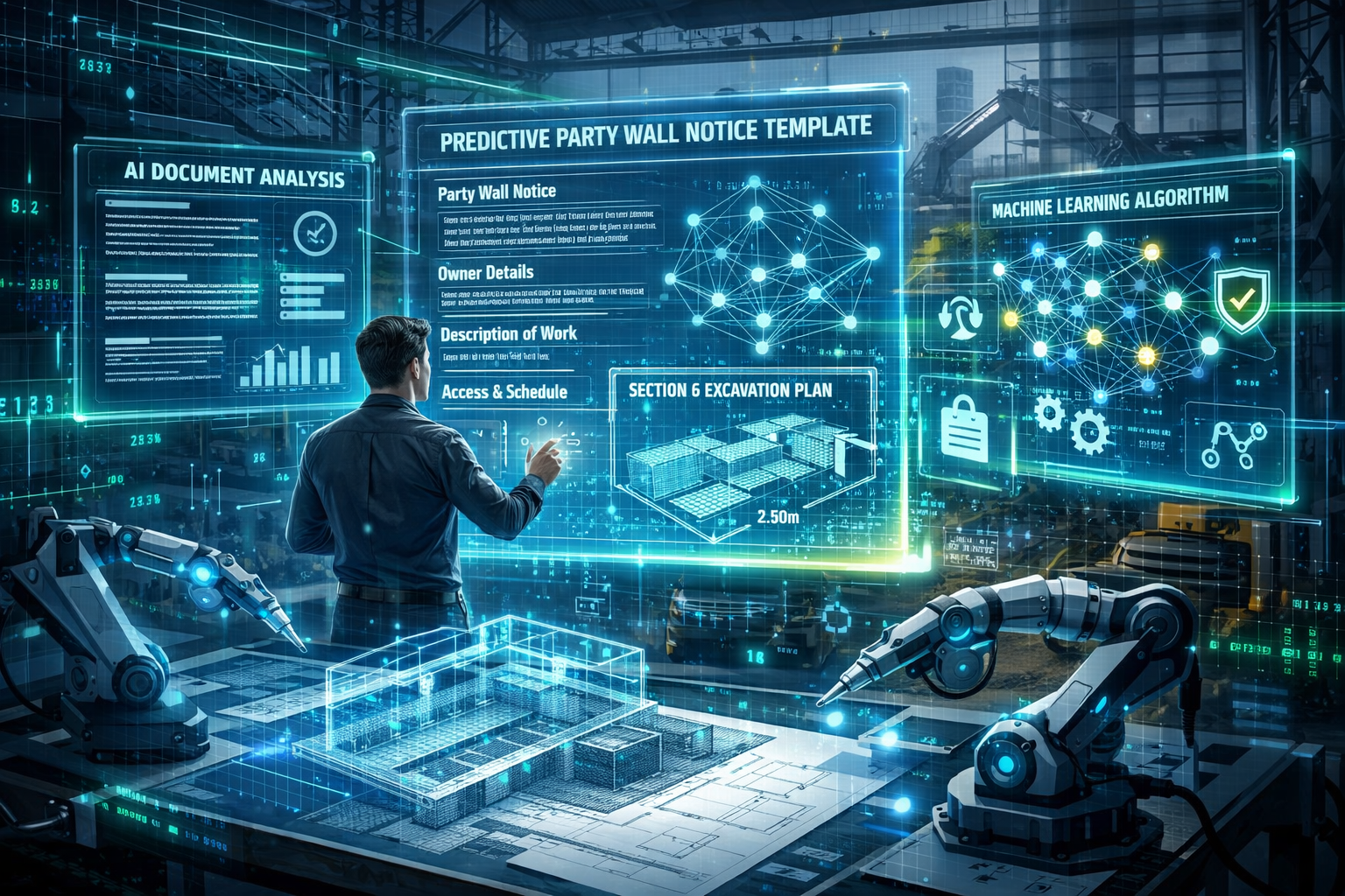 Dynamic visualization of AI automation transforming party wall notice drafting in 2026, featuring an interactive holographic