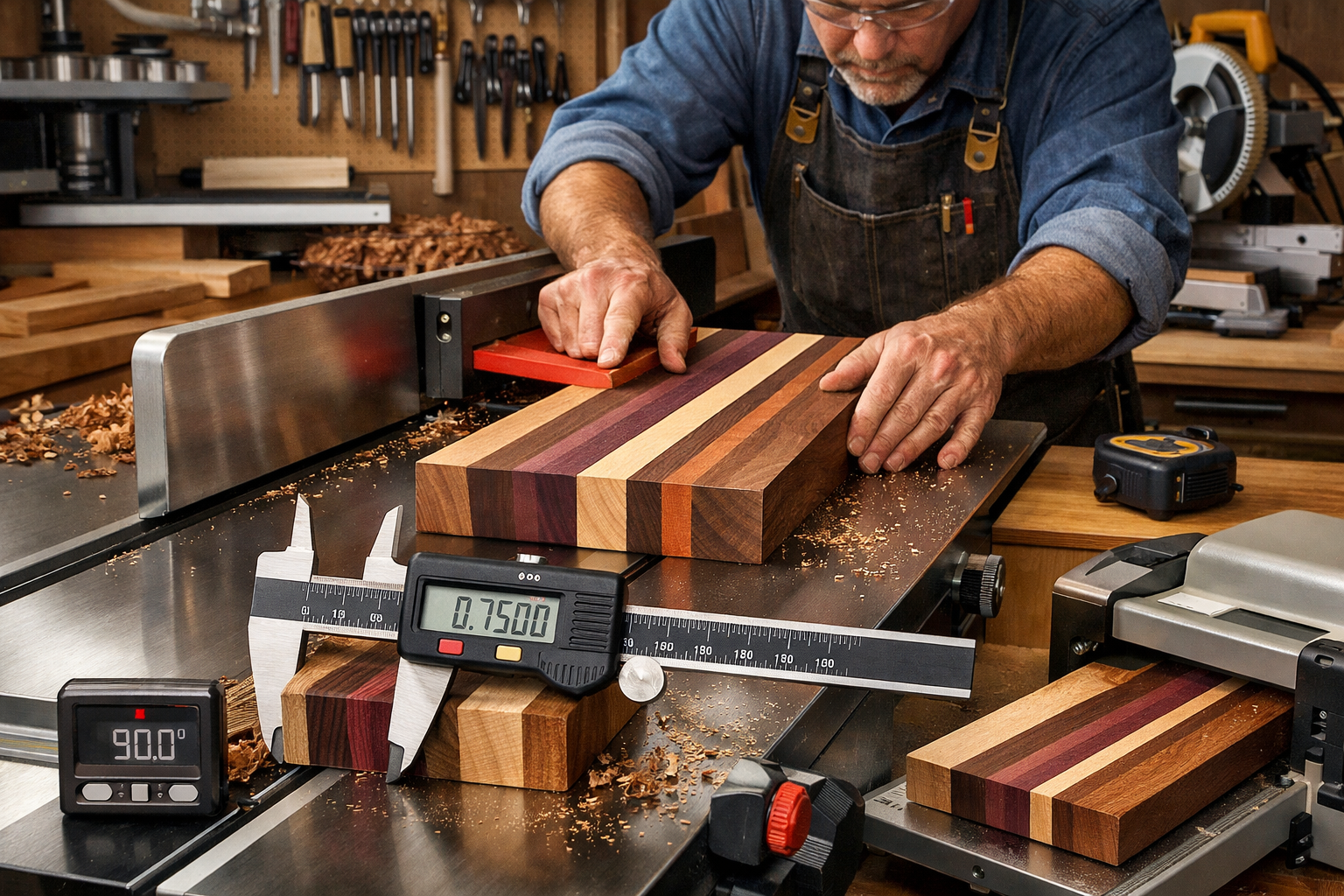 Precision woodworking landscape showcasing professional milling and jointing techniques, featuring a master craftsman using a high-end joint