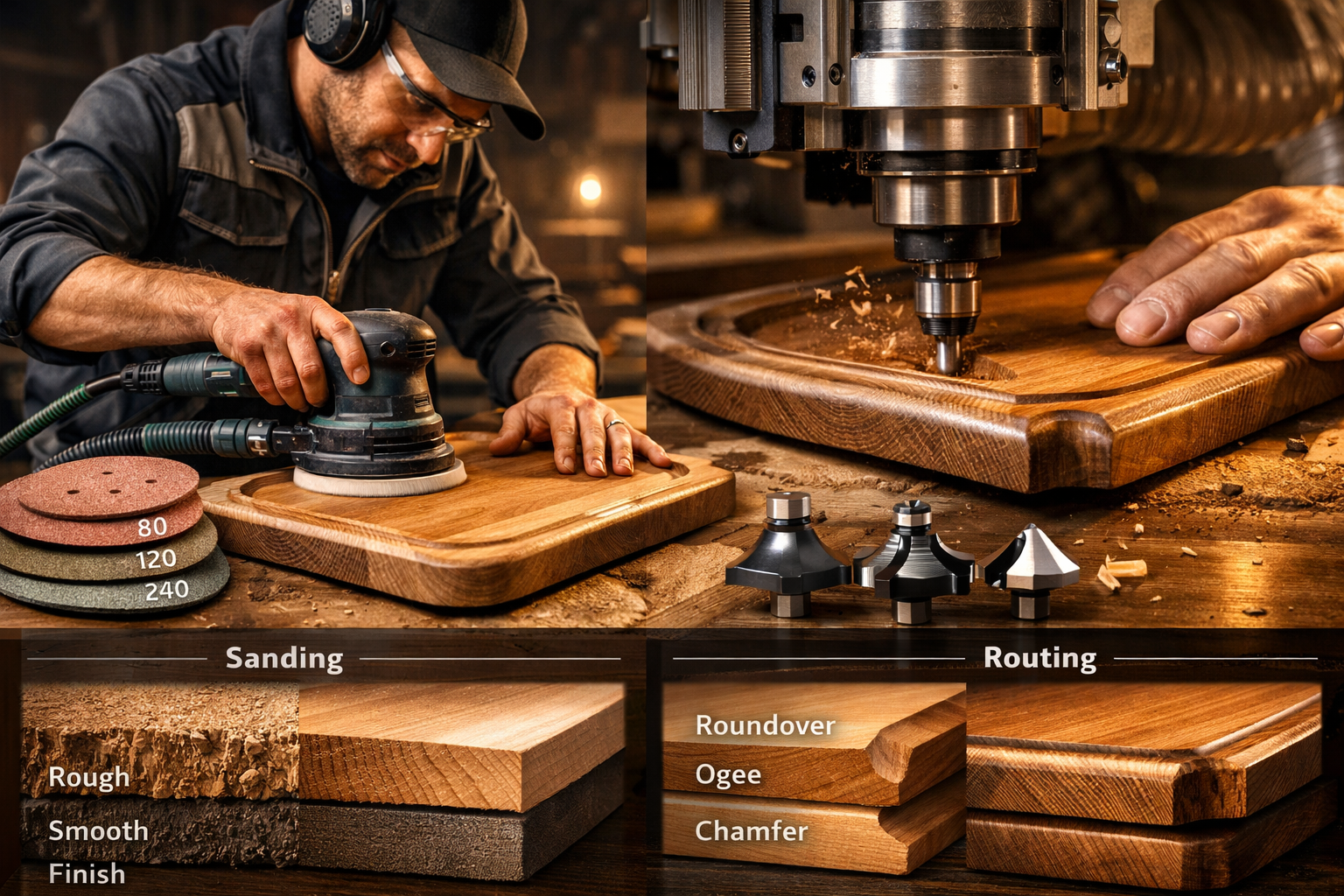 Advanced power sanding and routing workshop scene demonstrating professional surface preparation techniques. Featuring a professional woodwo