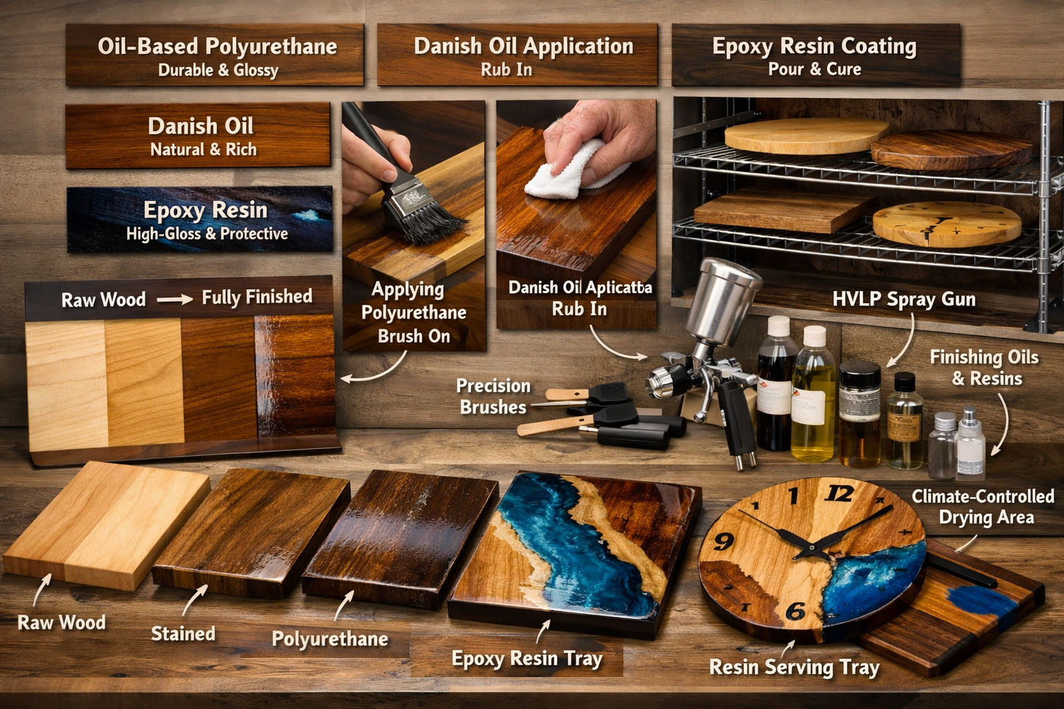 Professional wood finishing station illustrating advanced finishing techniques for decorative wooden projects. Staged workspace with multipl