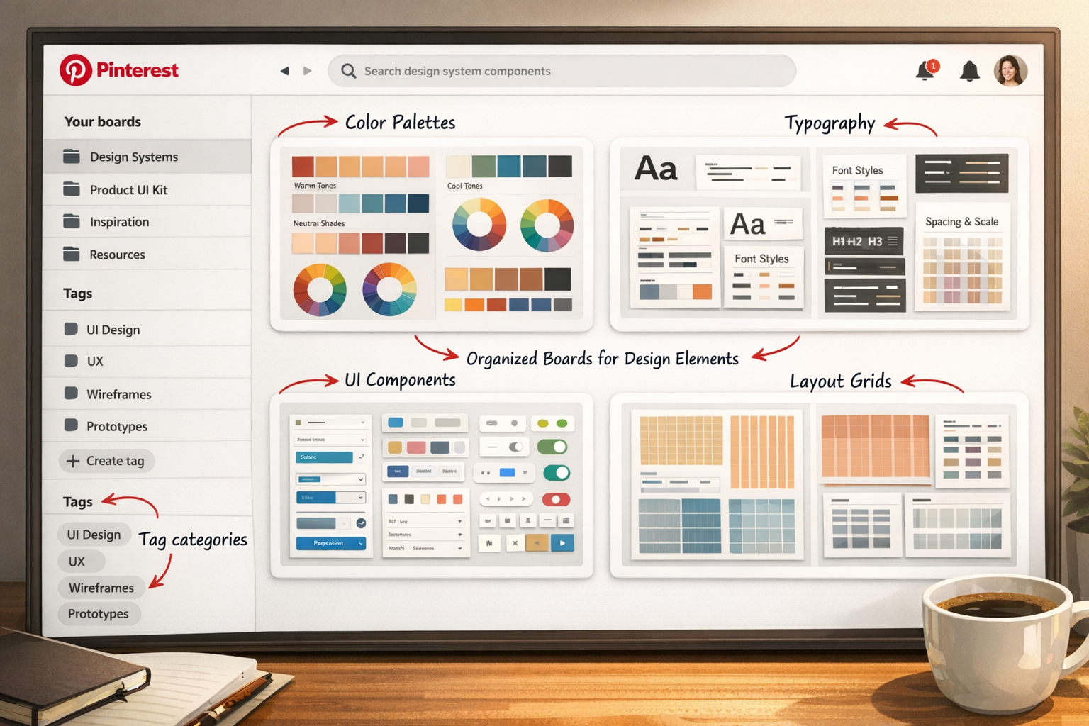 Hoe Pinterest Gebruiken voor Webdesign Systeem: De Complete Gids voor 2026 2 Detailed landscape illustration (1536x1024) showing Pinterest interface with organized boards specifically for web design system components.
