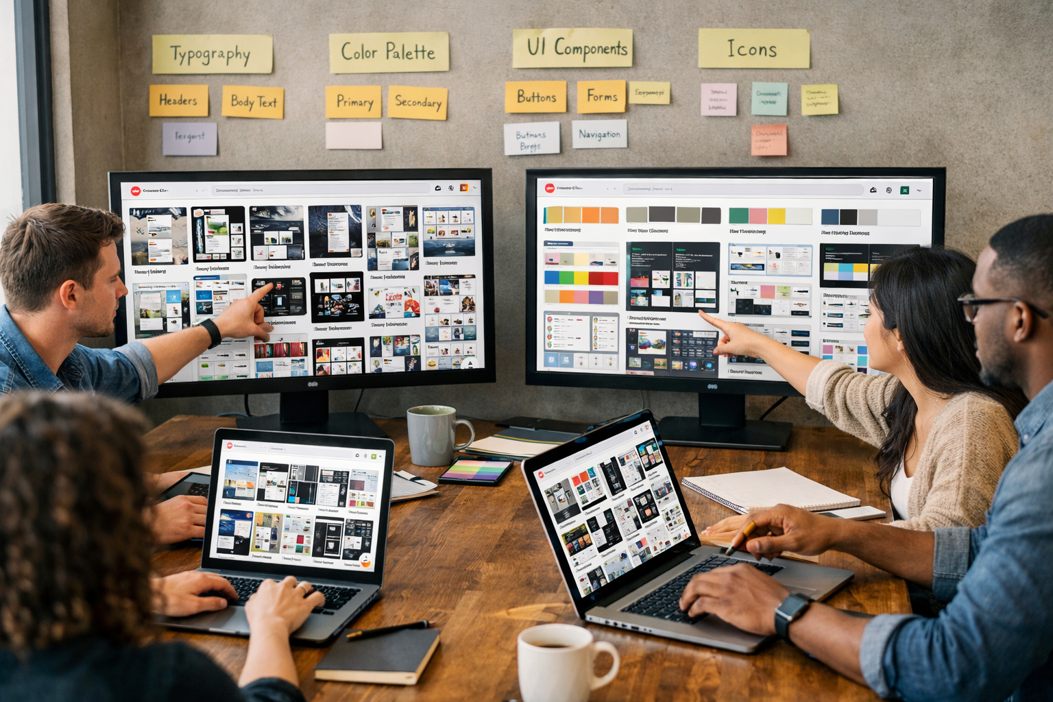 Hoe Pinterest Gebruiken voor Webdesign Systeem: De Complete Gids voor 2026 4 Landscape photograph (1536x1024) of collaborative design team meeting around large table with laptops showing Pinterest boards on screens. M