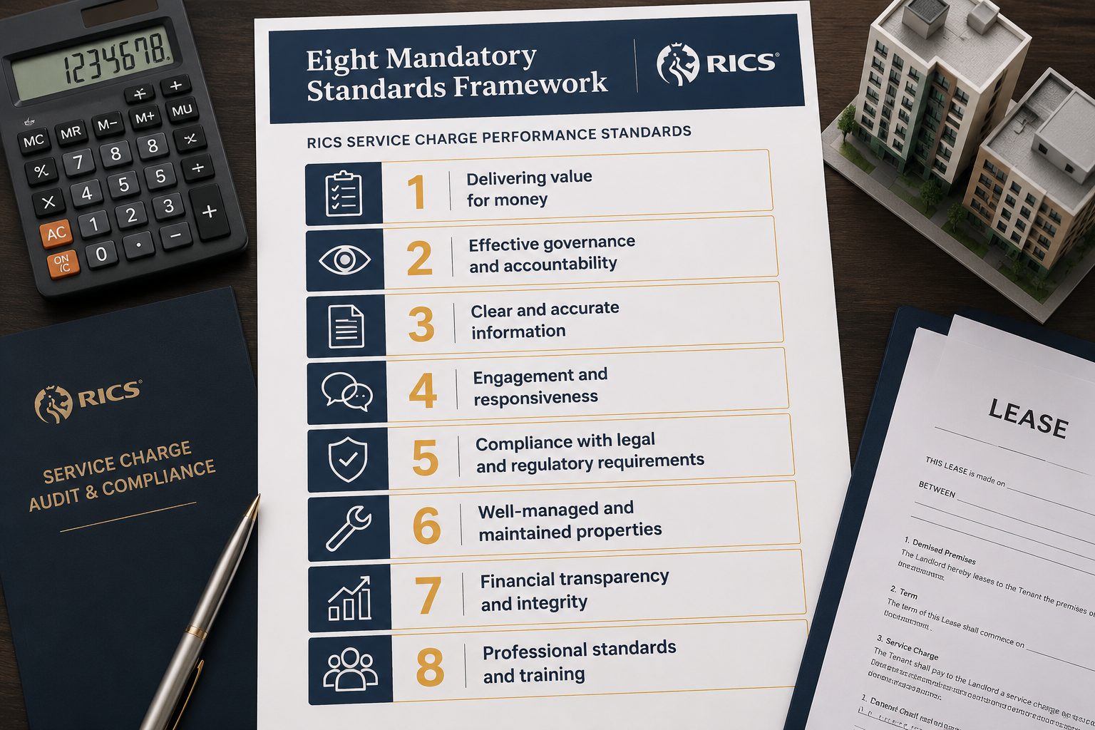 Overhead flat-lay infographic-style image showing a structured checklist on premium paper with eight numbered items