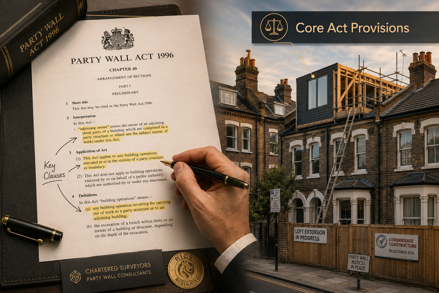 () editorial illustration showing a split-scene: left side displays a formal Party Wall Act 1996 notice document with