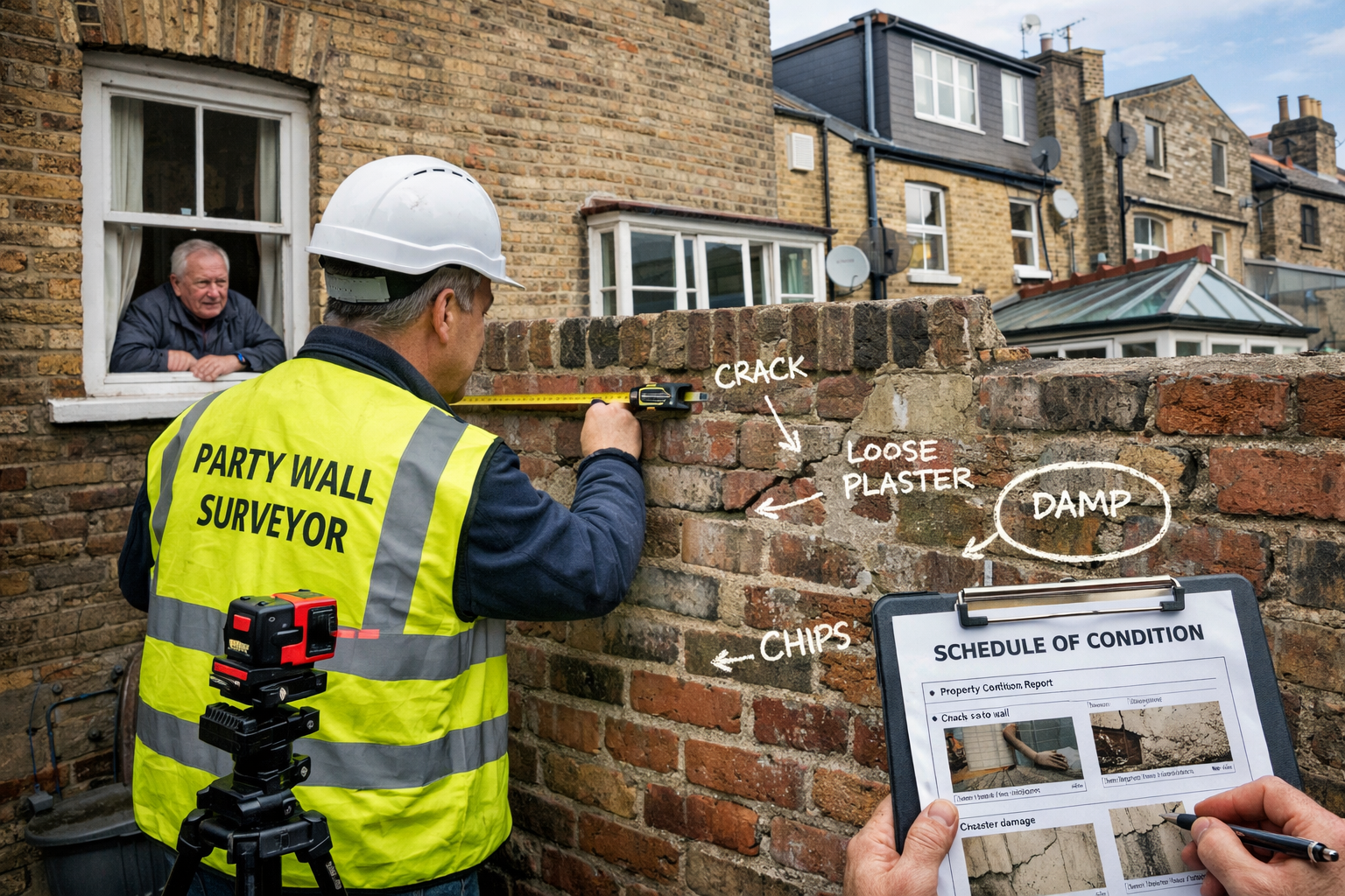 Detailed () image showing professional party wall surveyor in high-visibility vest conducting detailed inspection of shared