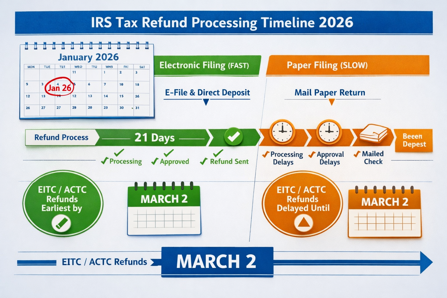 Tax Refund Windfall 2026: IRS Changes & Direct Deposit Rules 1 Landscape format (1536x1024) editorial image showing detailed timeline infographic of IRS tax refund processing in 2026. Visual elements inc