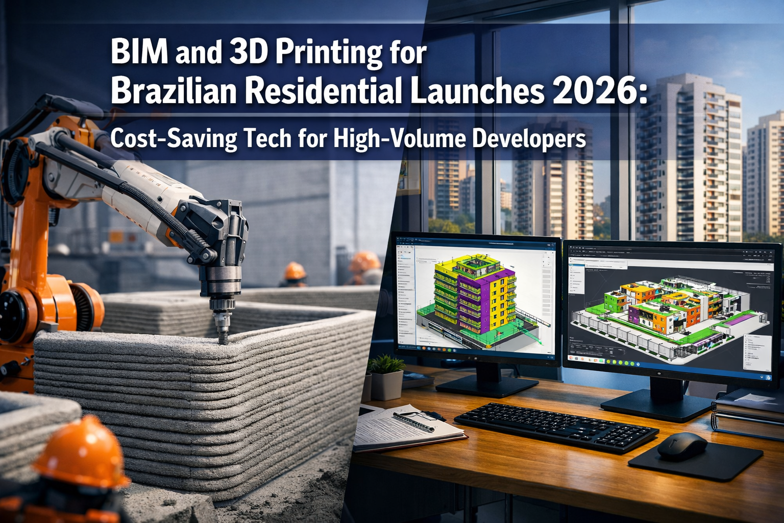 Professional () hero image featuring 'BIM and 3D Printing for Brazilian Residential Launches 2026: Cost-Saving Tech for