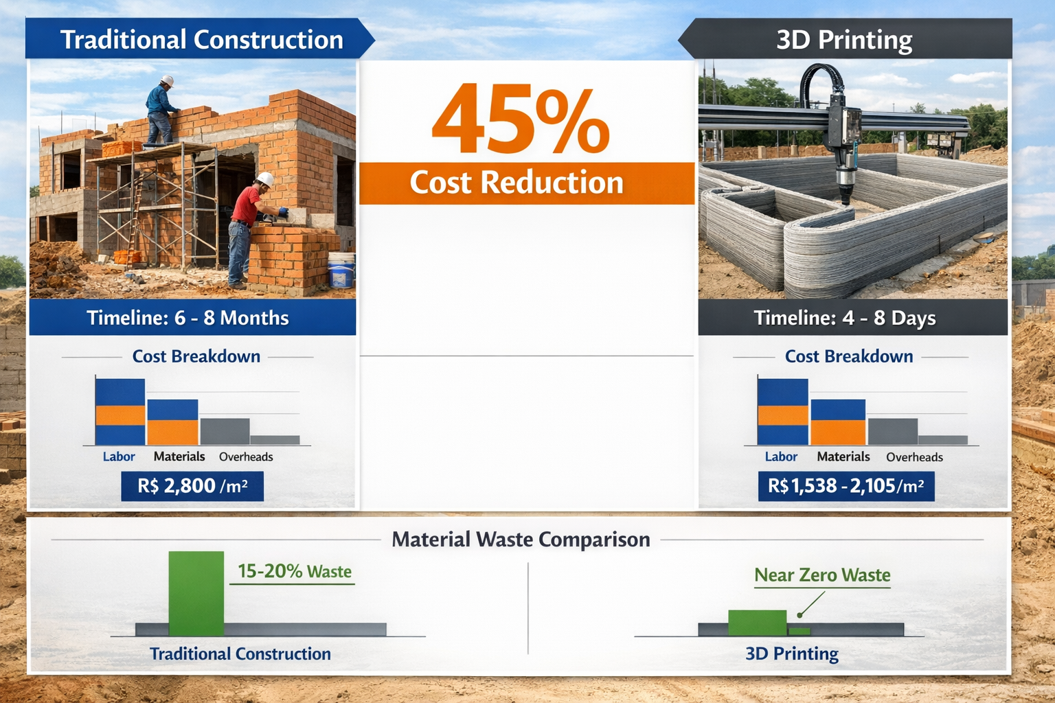 () detailed infographic showing cost comparison between traditional construction and 3D printing methods for Brazilian