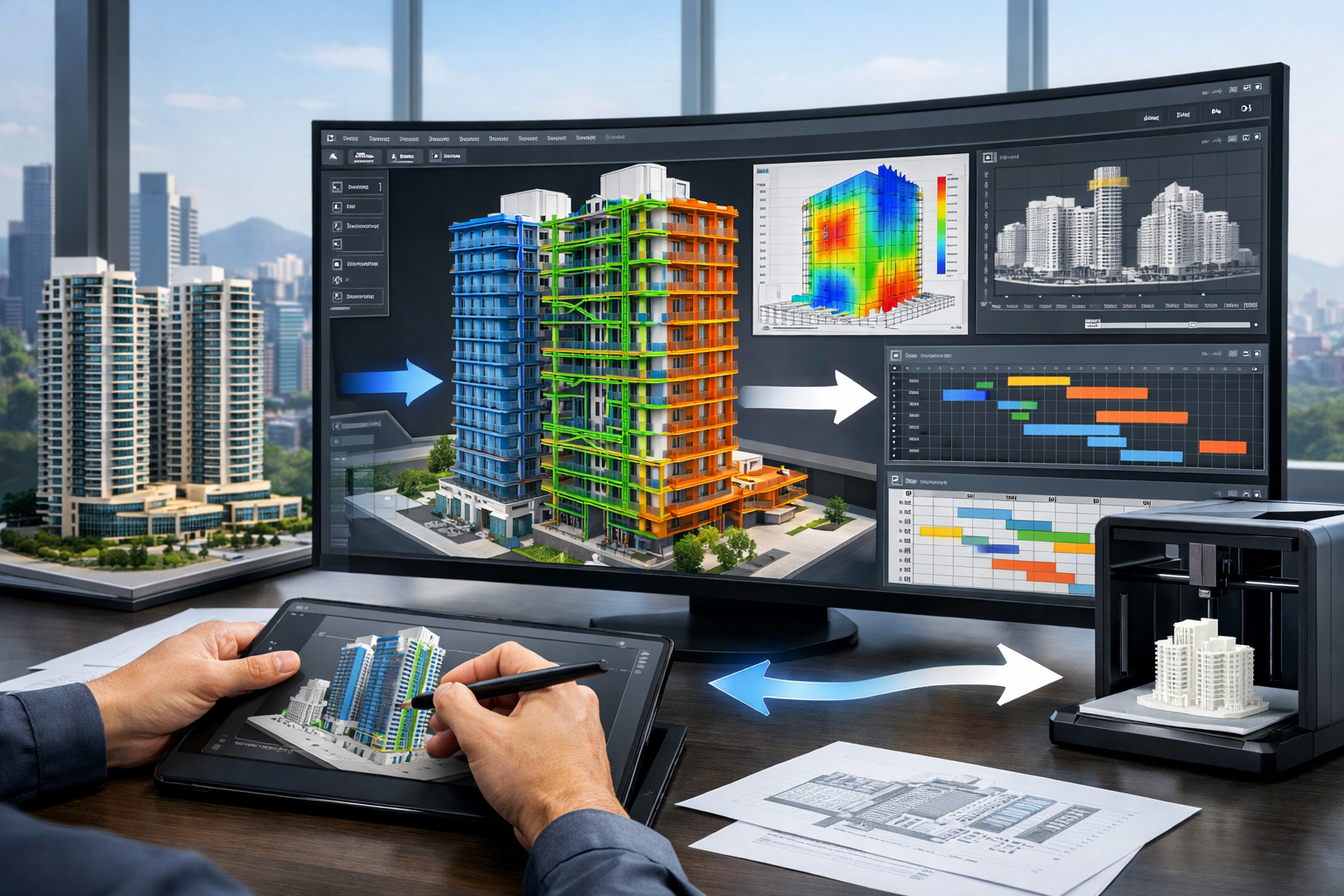 () architectural visualization showing BIM workflow integration with 3D printing technology. Main focus on large curved