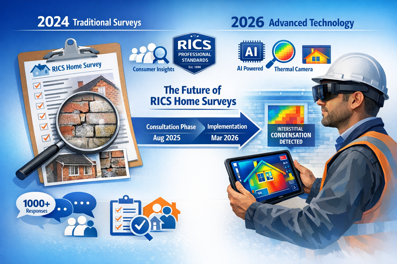 Landscape format (1536x1024) editorial image showing detailed comparison infographic of RICS Home Survey evolution from 2024 to 2026. Left s