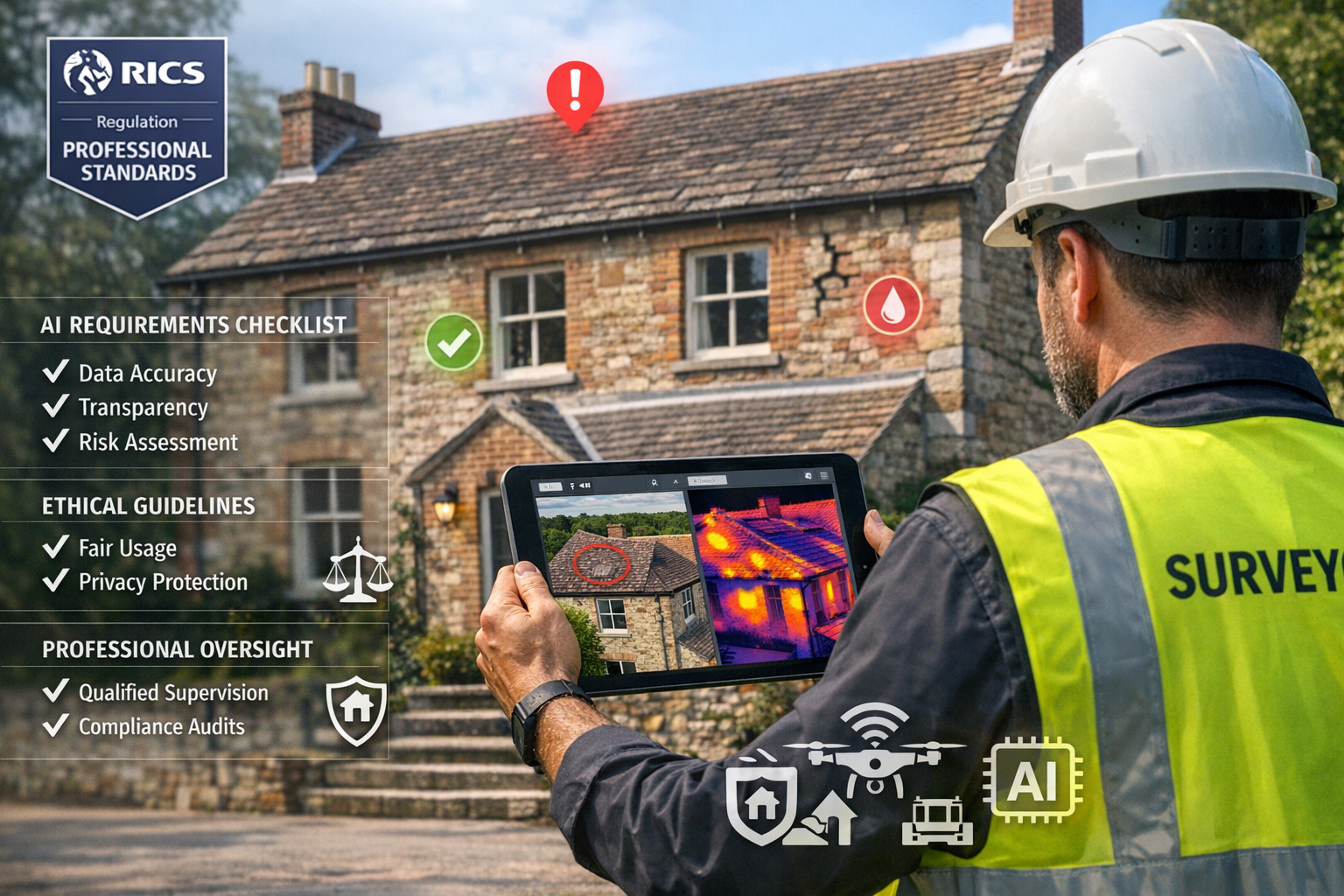 Landscape format (1536x1024) professional photograph showing building surveyor in high-visibility vest conducting Level 3 comprehensive buil