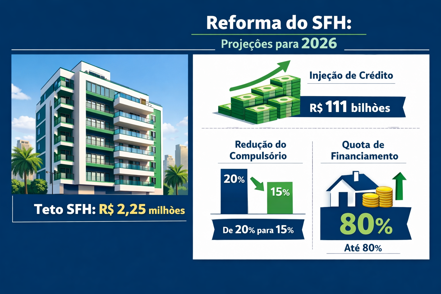 () detailed infographic-style illustration showing the SFH reform timeline and key numbers for 2026 Brazil. Split