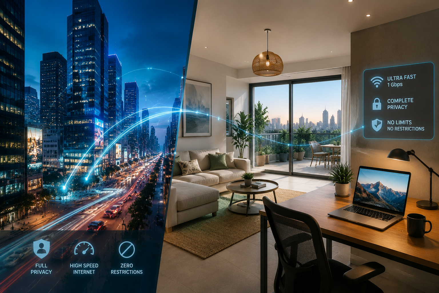 A compelling split-screen landscape image () contrasting the bustling energy of Cyber City (modern glass buildings, busy
