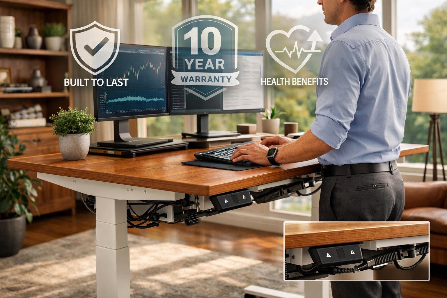 Detailed landscape editorial image (1536x1024) depicting full electric standing desk in premium home office setting with dual monitors, ergo
