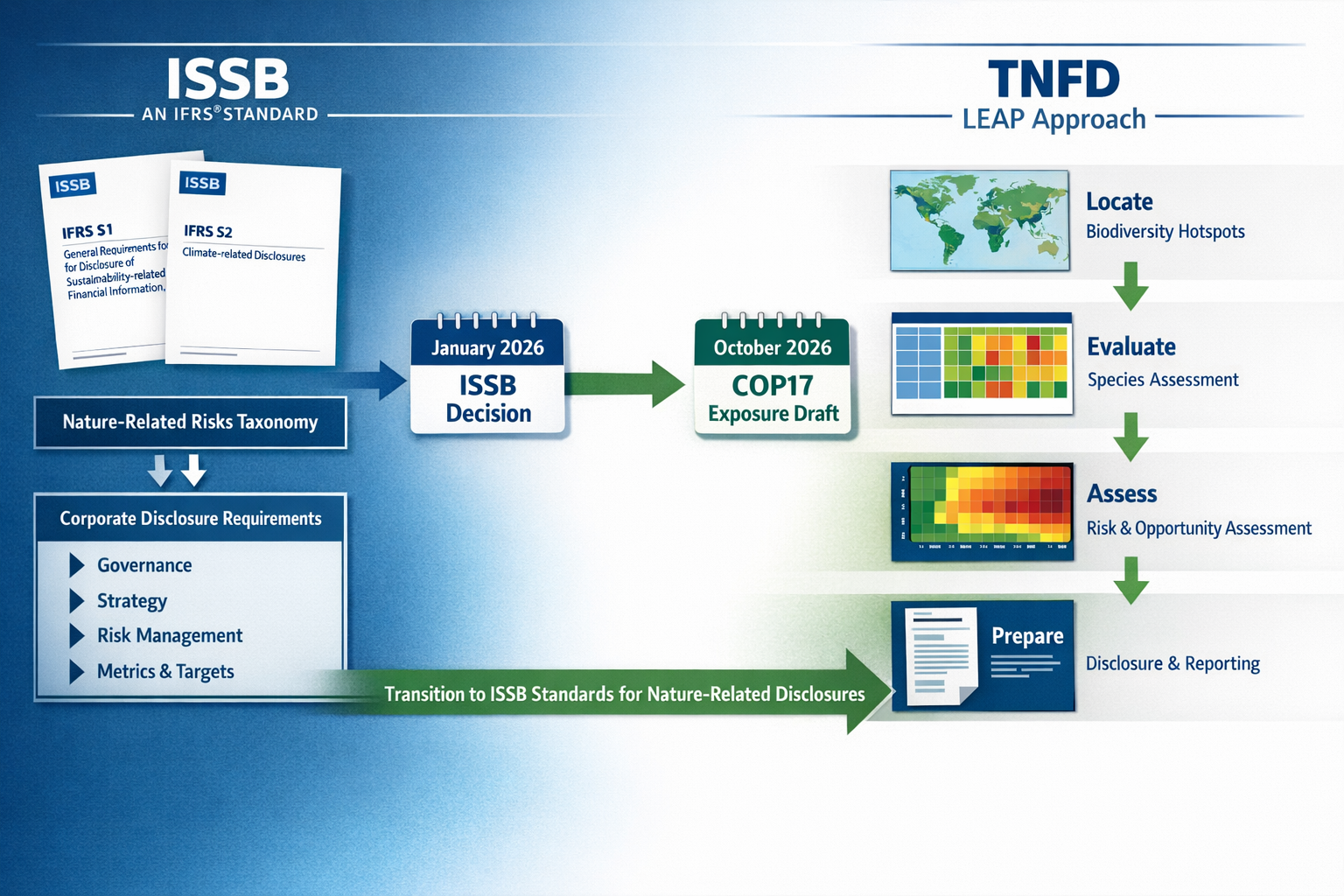 Detailed landscape format (1536x1024) image showing split-screen composition illustrating ISSB and TNFD framework integration. Left side dis