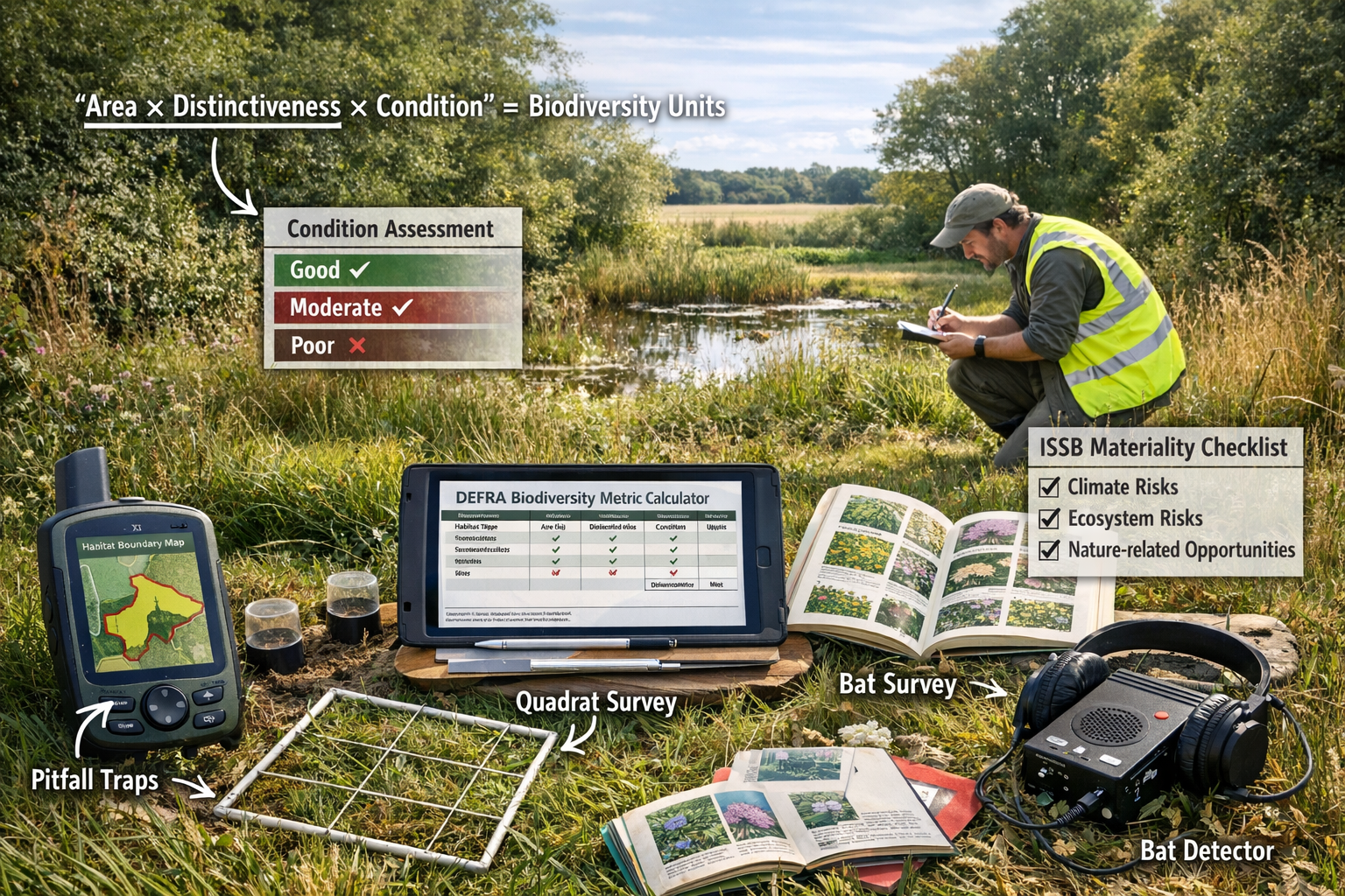 Detailed landscape format (1536x1024) image depicting practical ecological survey fieldwork scene with professional biodiversity surveyor in