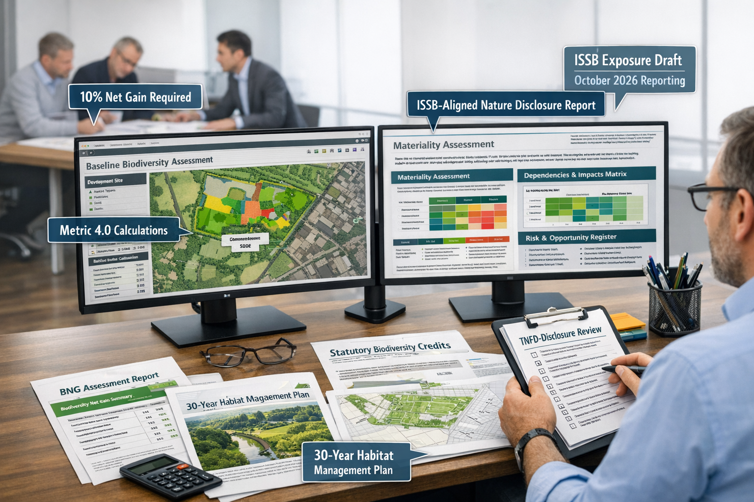 Detailed landscape format (1536x1024) image showing comprehensive biodiversity net gain compliance workflow and reporting dashboard. Central