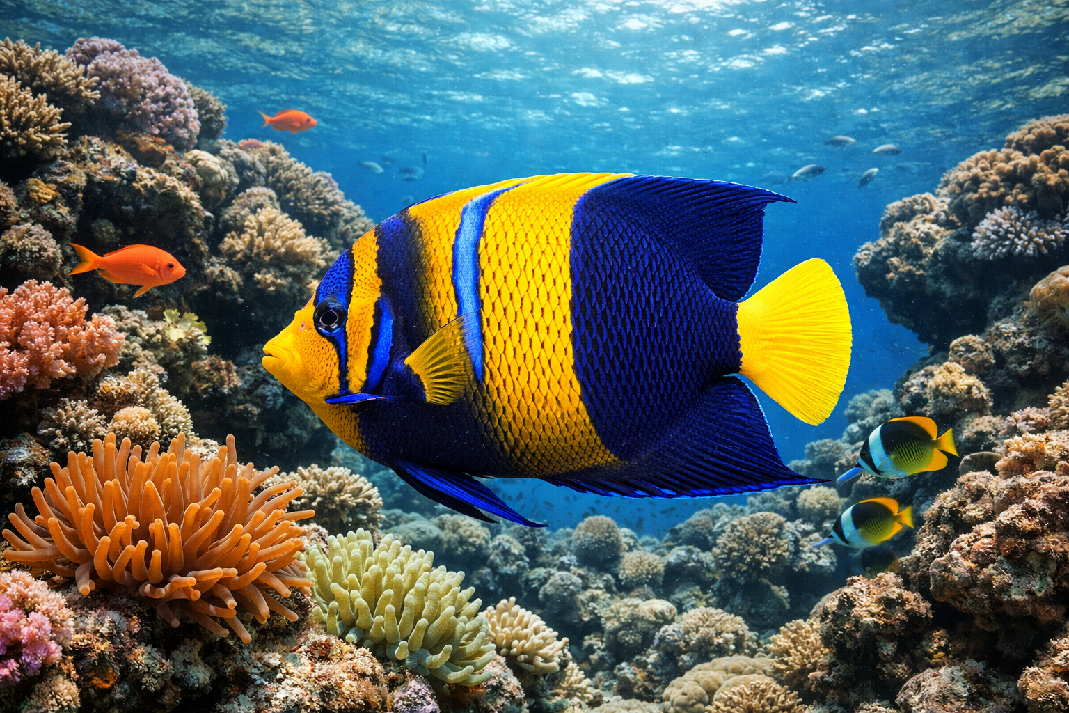 Detailed landscape format (1536x1024) underwater photography showing adult asfur angelfish in natural Red Sea habitat with vibrant coral for