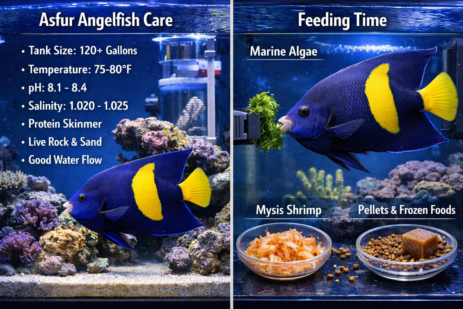 Detailed landscape format (1536x1024) split-screen aquarium setup showing proper asfur angelfish care environment. Left side shows spacious 