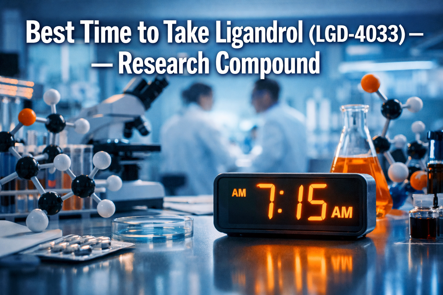 Professional landscape format (1536x1024) hero image with bold text overlay 'Best Time to Take Ligandrol (LGD-4033) — Research Compound' in 