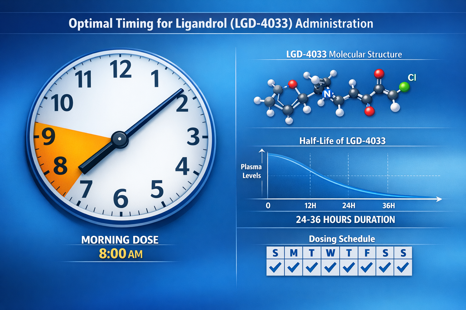 Landscape format (1536x1024) scientific infographic showing optimal timing schedule for Ligandrol LGD-4033 administration. Features circular