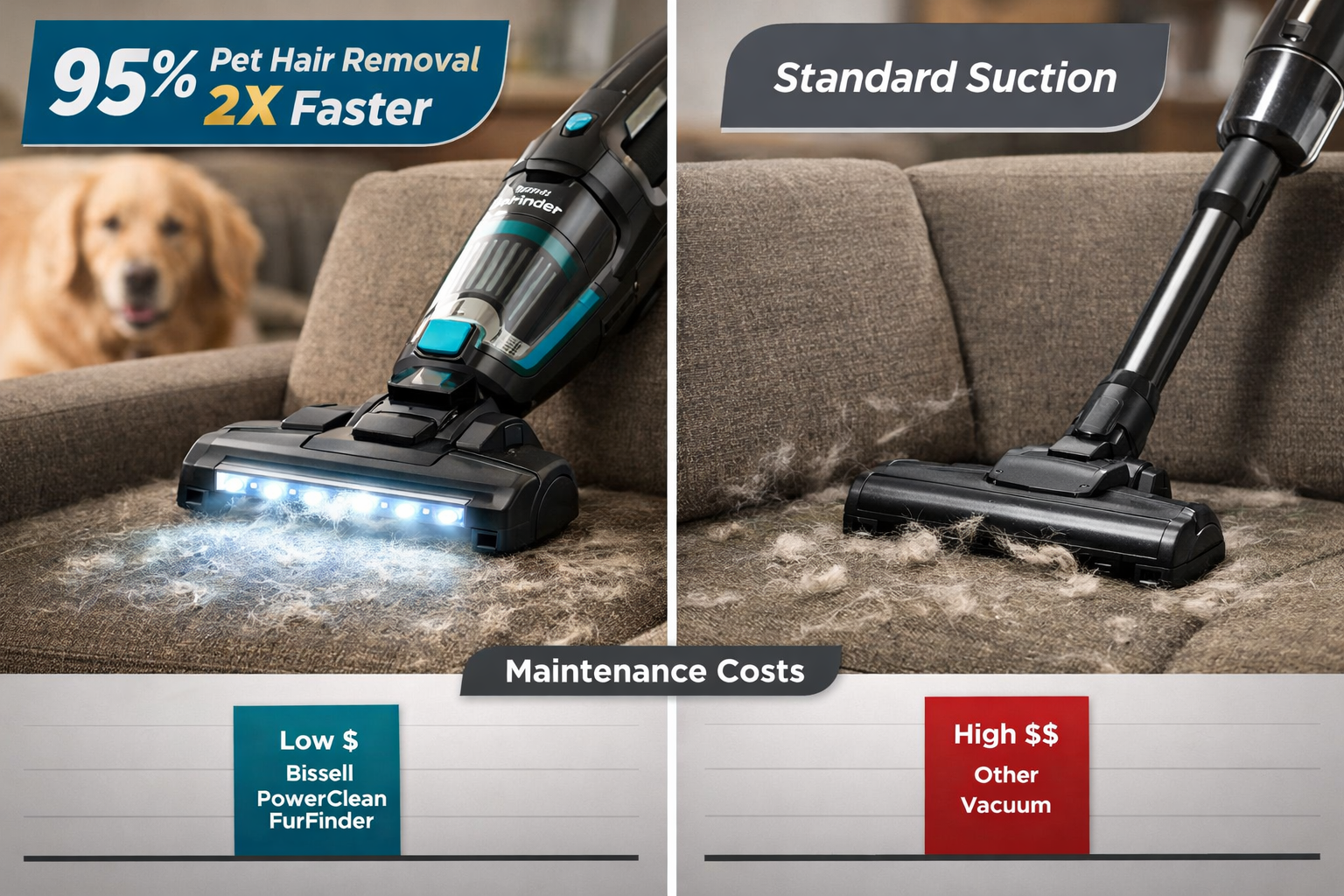 Detailed landscape format (1536x1024) side-by-side comparison scene showing the Bissell PowerClean FurFinder vacuum on the left cleaning a fabric sofa covered in dog fur with visible FurFinder headlight beam illuminating hidden pet hair, versus a generic competing cordless vacuum on the right struggling with embedded fur on identical upholstery. Center dividing line with performance metrics floating above each side: '95% pet hair removal 2X faster' badge on Bissell side, 'Standard suction' label on competitor side. Bottom strip shows maintenance cost comparison bar chart. Warm home environment background, teal and white Bissell branding, realistic editorial photography style. 