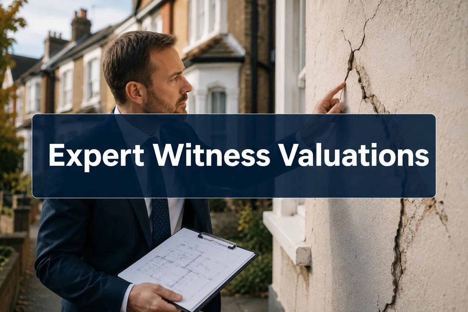 Professional () hero image with (≤42 chars): 'Expert Witness Valuations' in crisp white on a deep navy semi-transparent