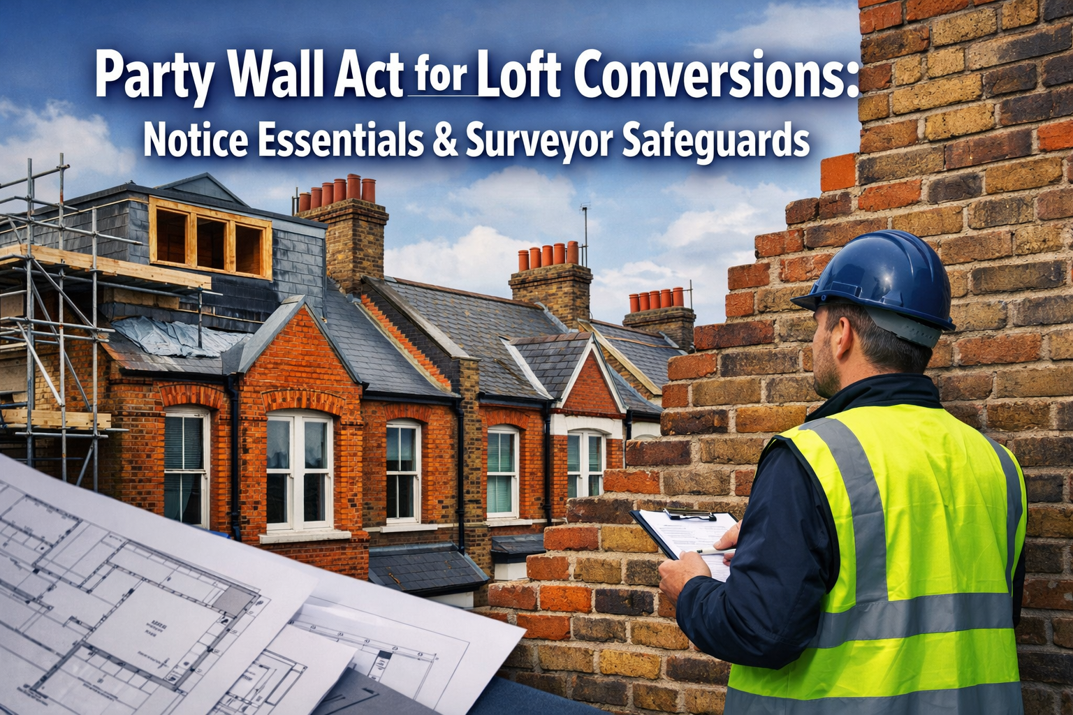 Professional () hero image featuring 'Party Wall Act for Loft Conversions: Notice Essentials & Surveyor Safeguards' in extra