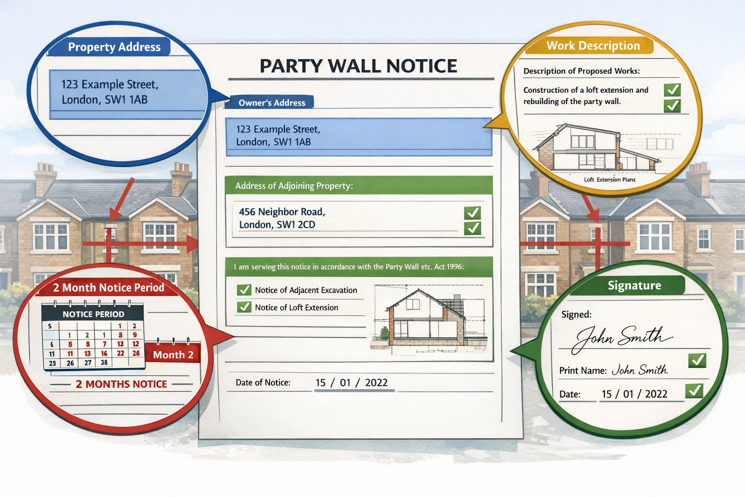 () detailed illustration showing formal Party Wall Notice document in foreground with magnified callouts highlighting