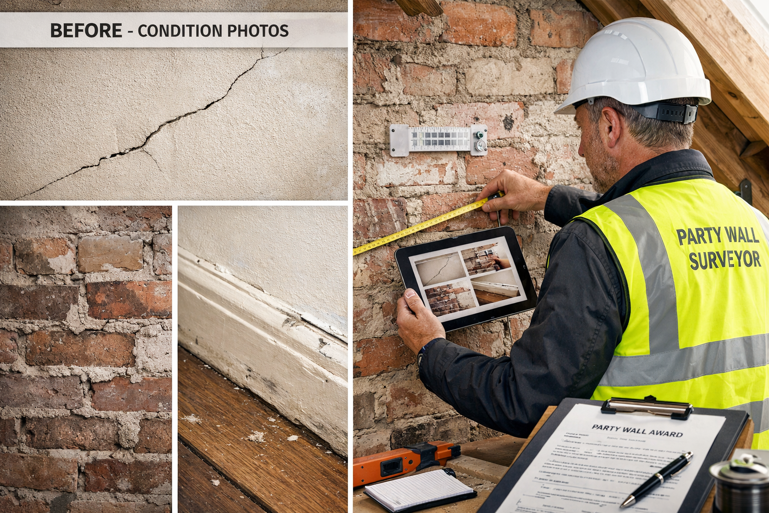 () professional scene showing party wall surveyor in high-visibility vest conducting pre-work inspection at loft conversion
