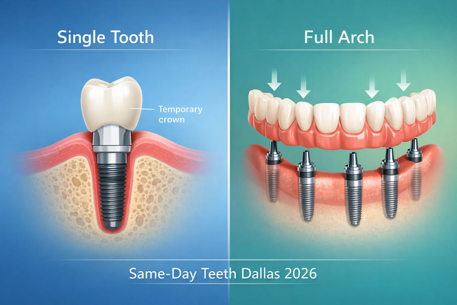 Landscape format (1536x1024) image illustrating a comparison between single immediate load implants and full-arch immediate load implants (l