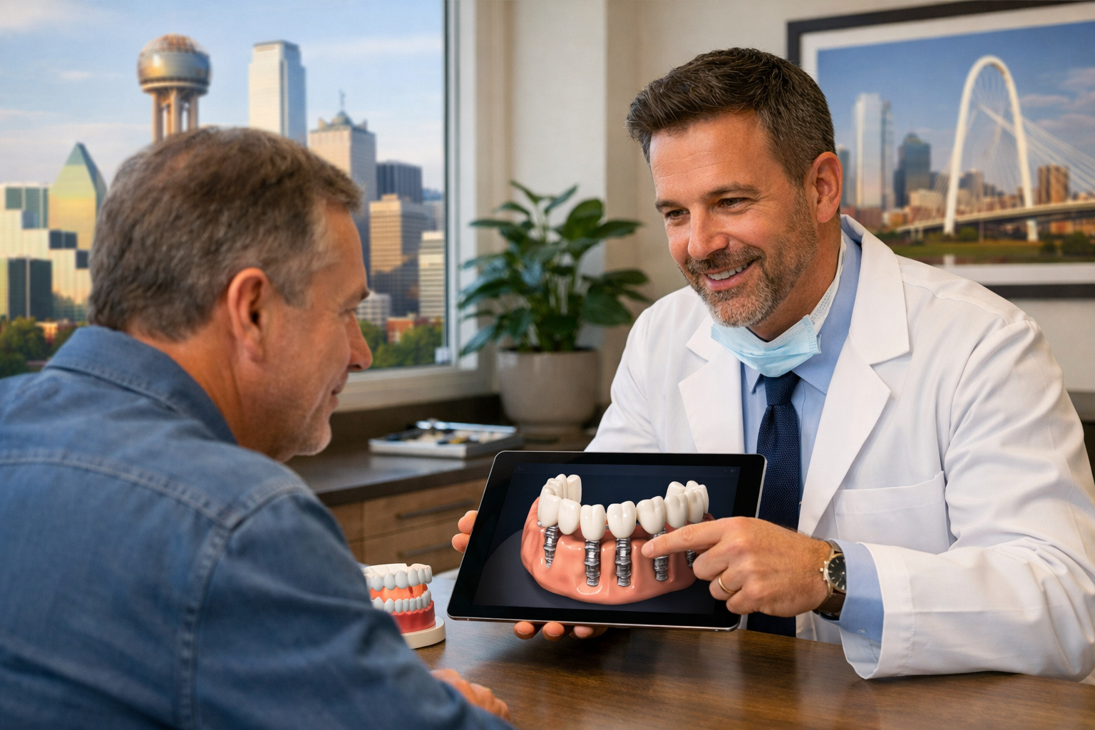 Landscape format (1536x1024) image depicting a patient consulting with a dental implant specialist in a modern Dallas clinic. The patient is