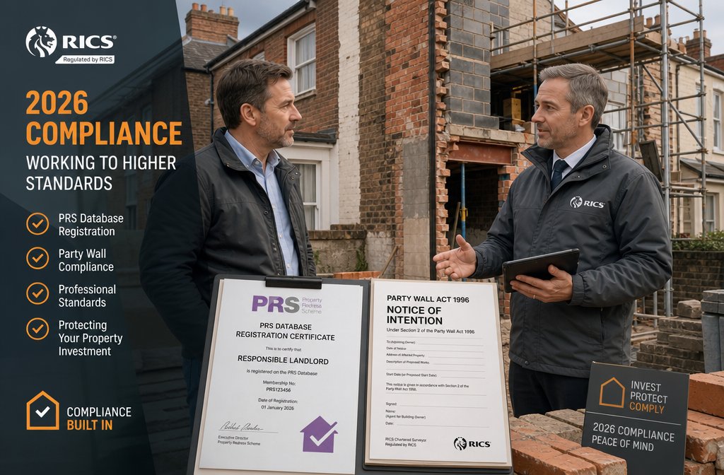 Wide-angle editorial illustration showing a UK landlord and a RICS chartered surveyor standing beside a party wall in a