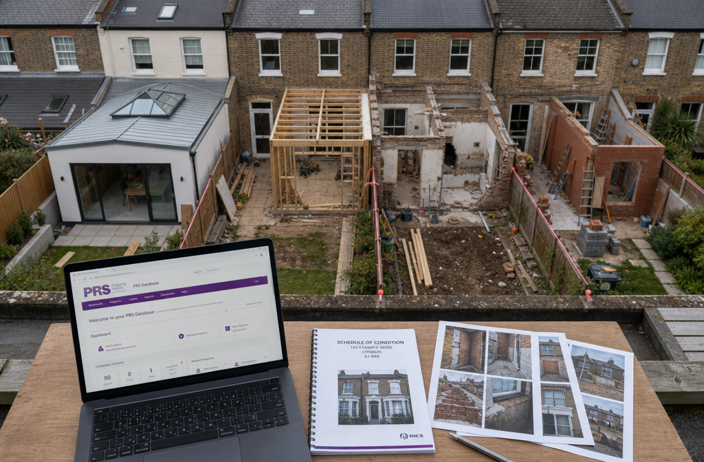 Aerial perspective editorial photograph () of a row of London terraced houses with rear extensions at various stages of
