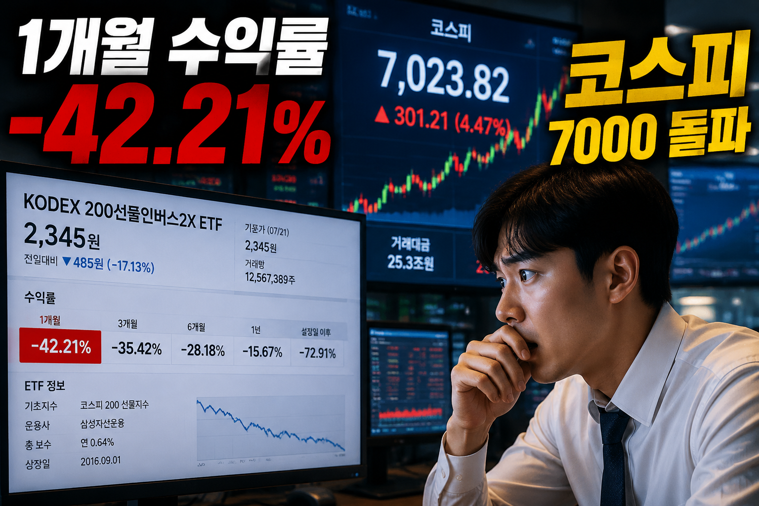 () showing a Korean retail investor at a computer screen displaying KODEX 200선물인버스2x ETF performance data with -42.21%