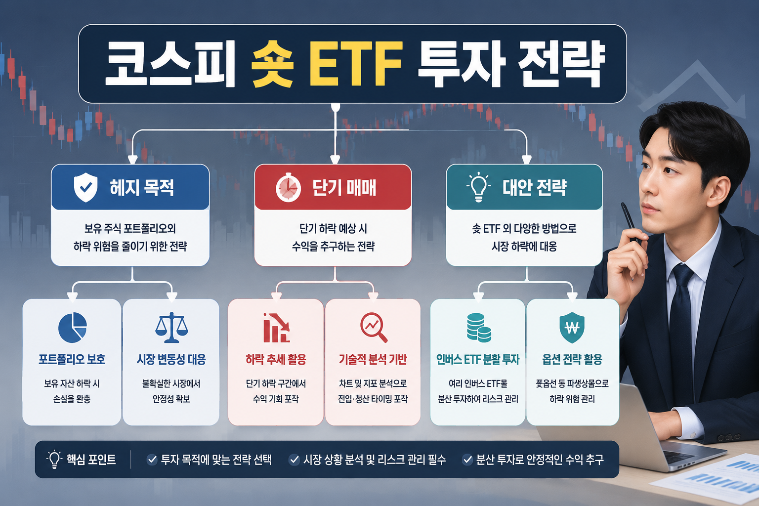 () showing a strategic investment decision flowchart in Korean: top node '코스피 숏 ETF 투자 전략' branching into three paths