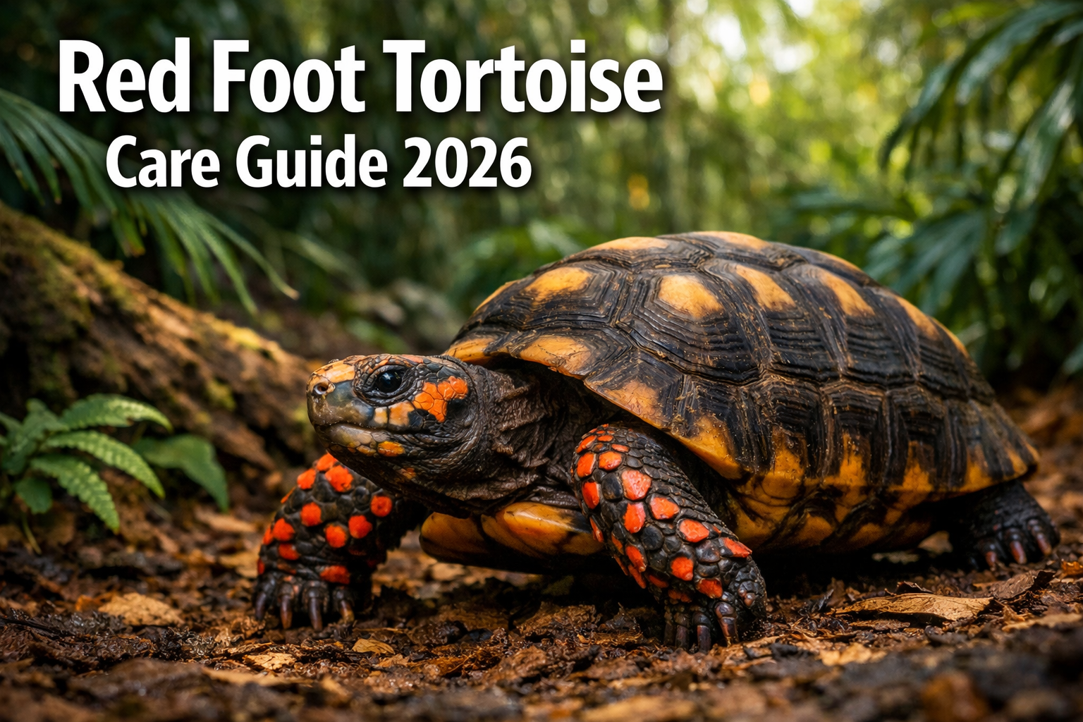 Professional landscape hero image (1536x1024) featuring bold text overlay 'Red Foot Tortoise Care Guide 2026' in extra large 72pt white sans