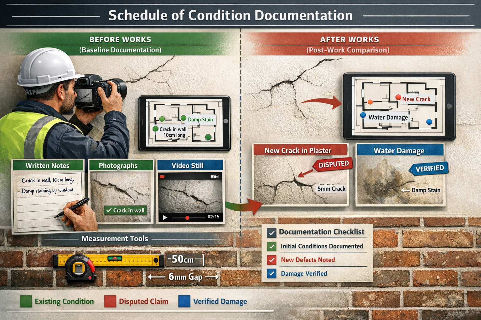 () detailed infographic showing comprehensive schedule of condition documentation process. Visual elements include: