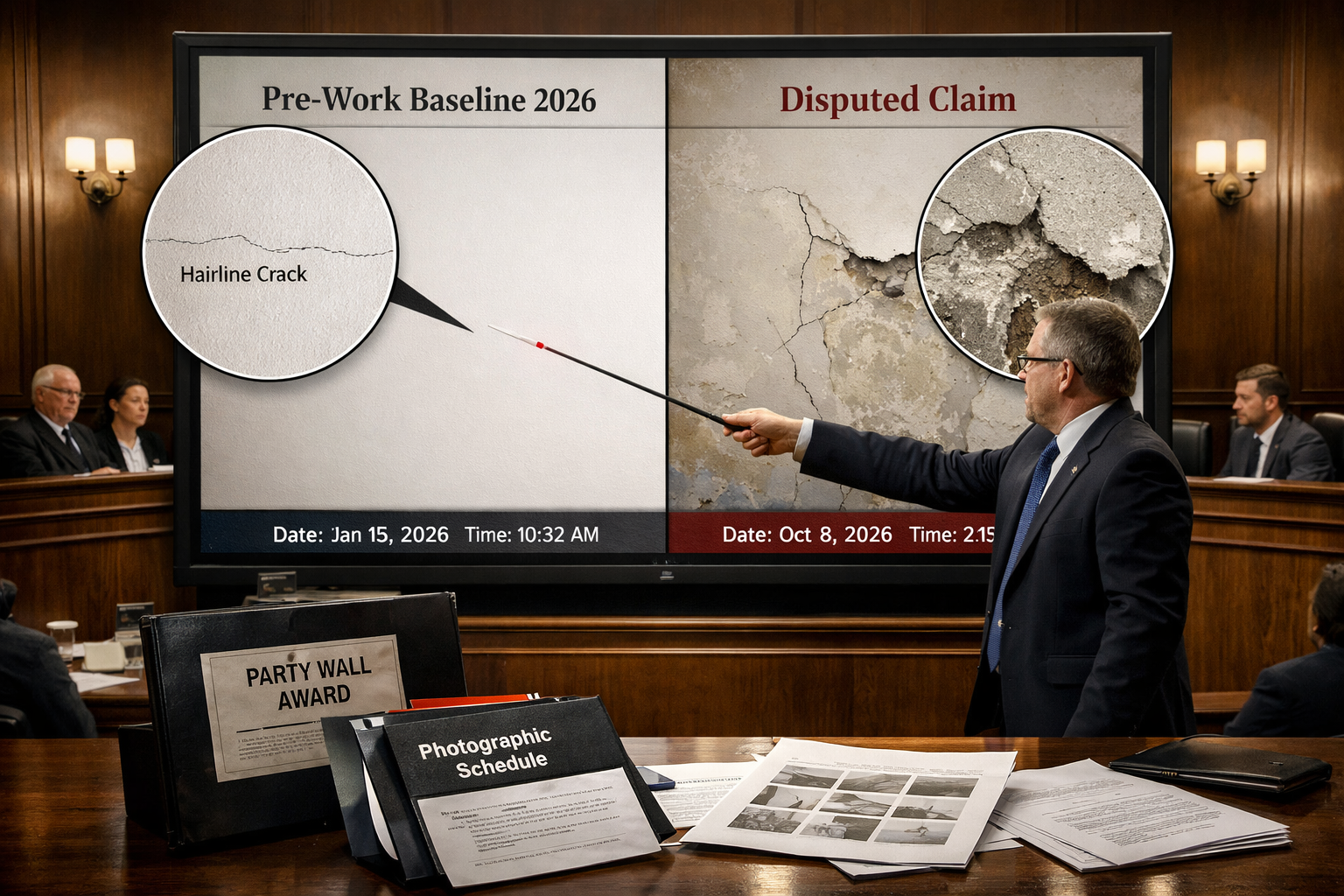 () courtroom evidence presentation scene showing schedule of condition protecting against spurious claims. Central focus: