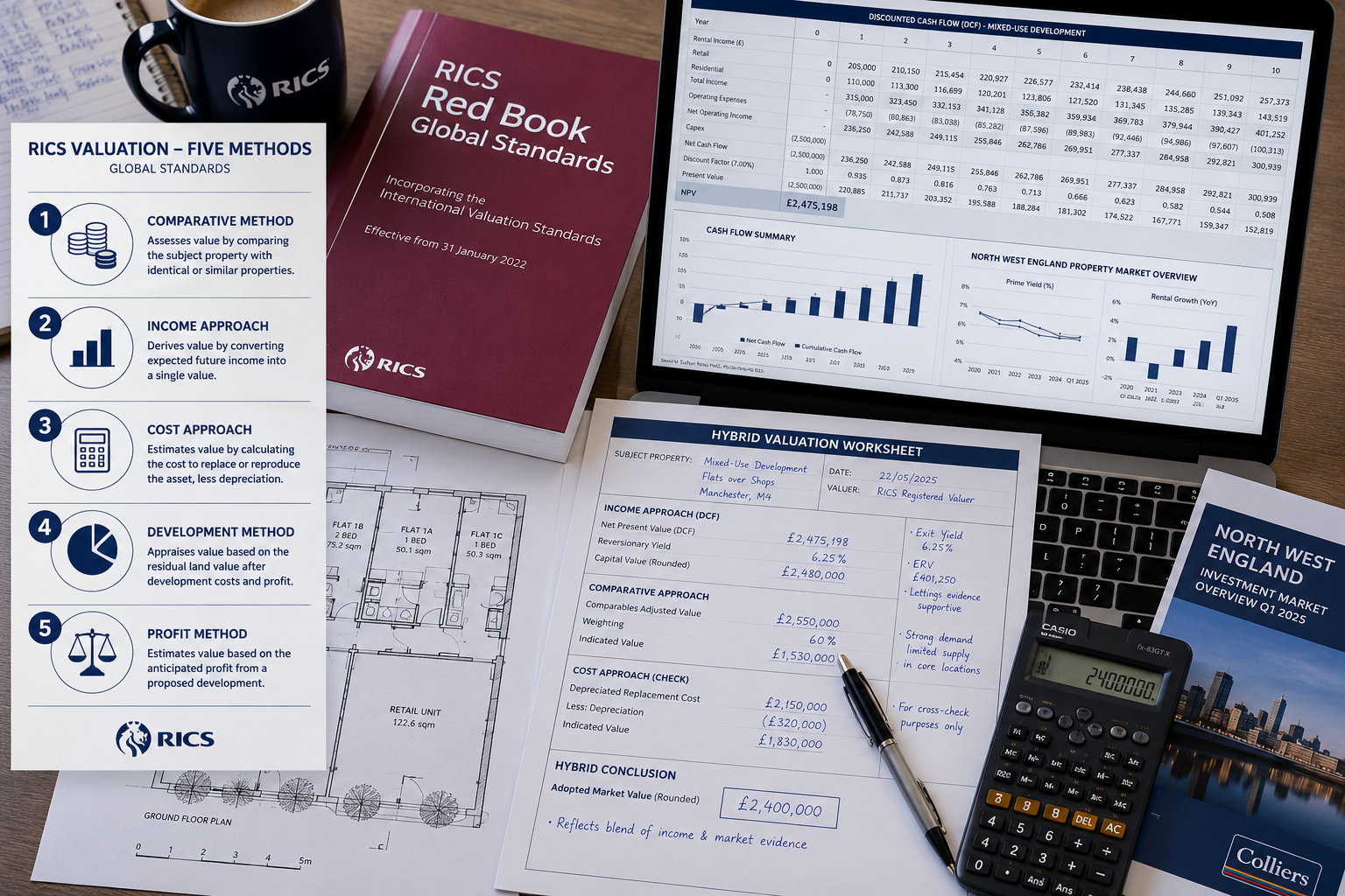 Close-up overhead flat-lay photograph of a professional surveyor's desk showing RICS Red Book Global Standards document,
