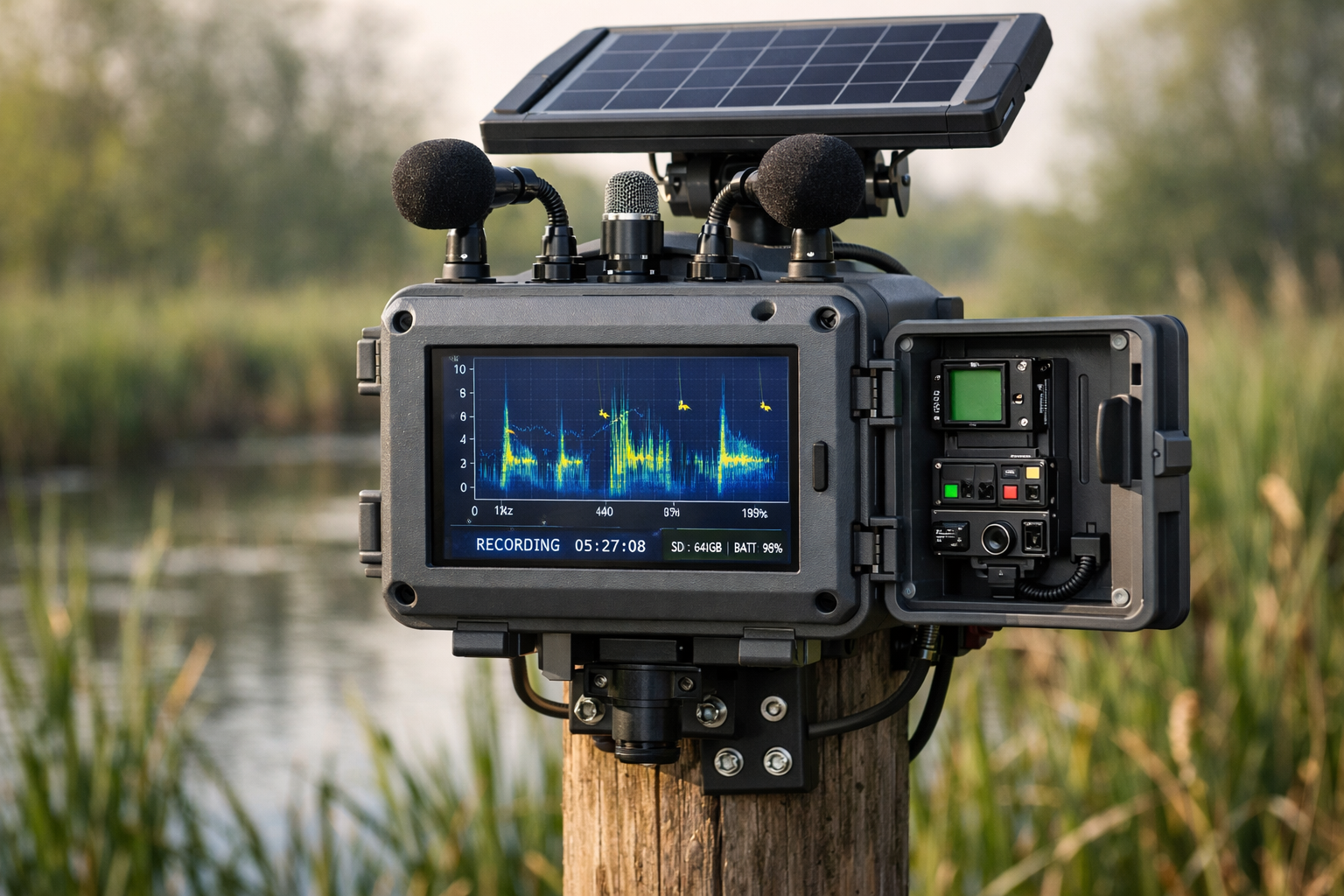Detailed () image showing close-up of modern passive acoustic monitoring device mounted on wooden post in biodiversity net