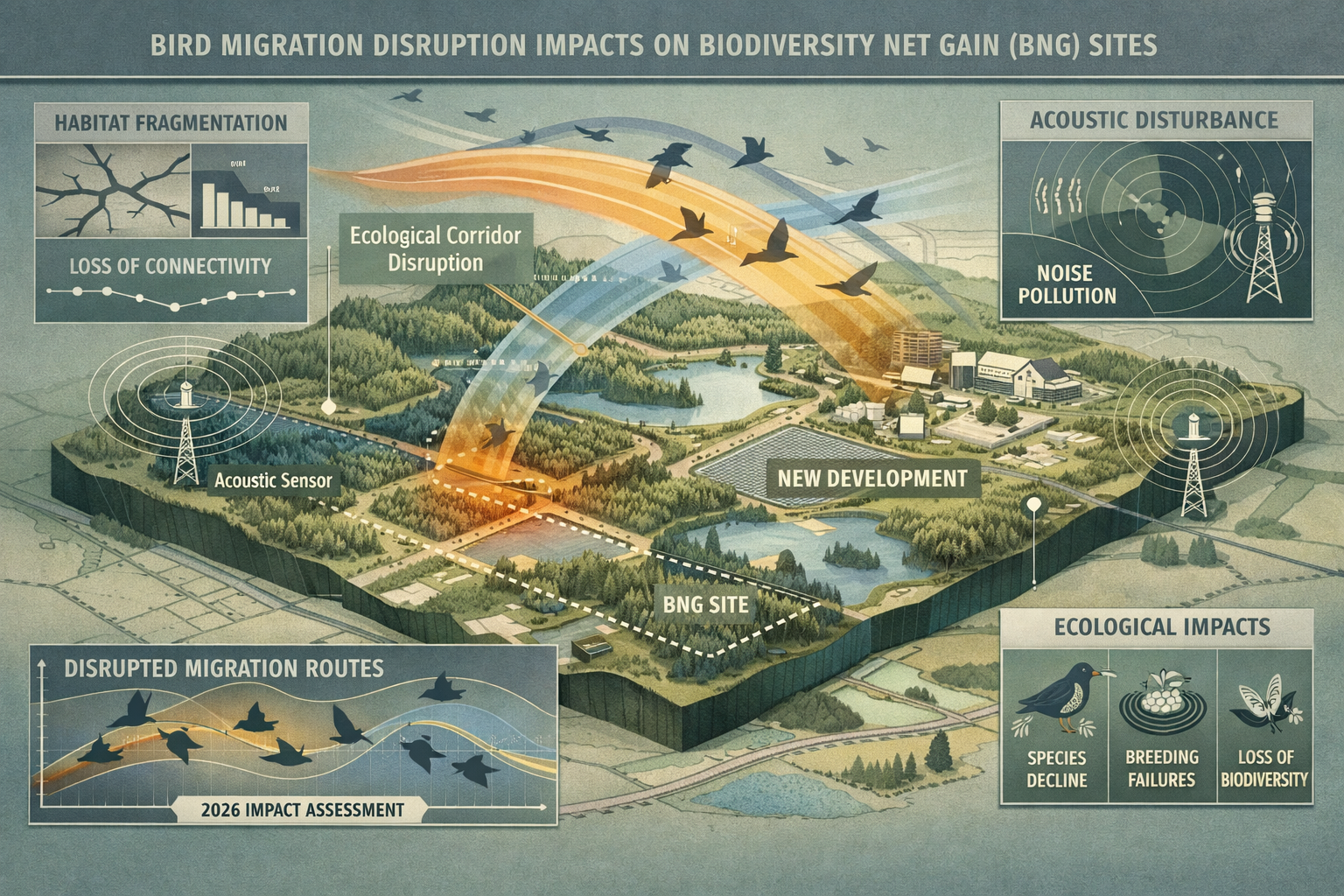 Detailed scientific editorial illustration depicting bird migration disruption impacts on Biodiversity Net Gain (BNG) sites.