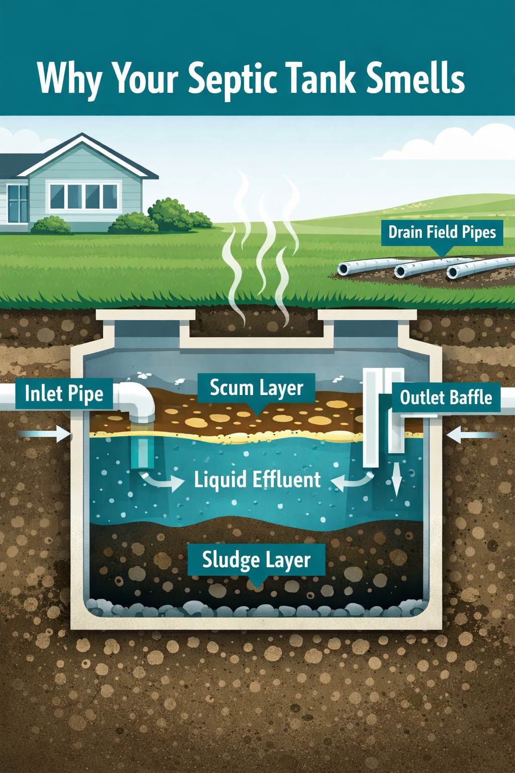 Portrait/Pinterest format () illustration showing a cross-section diagram of a residential septic tank system with labeled