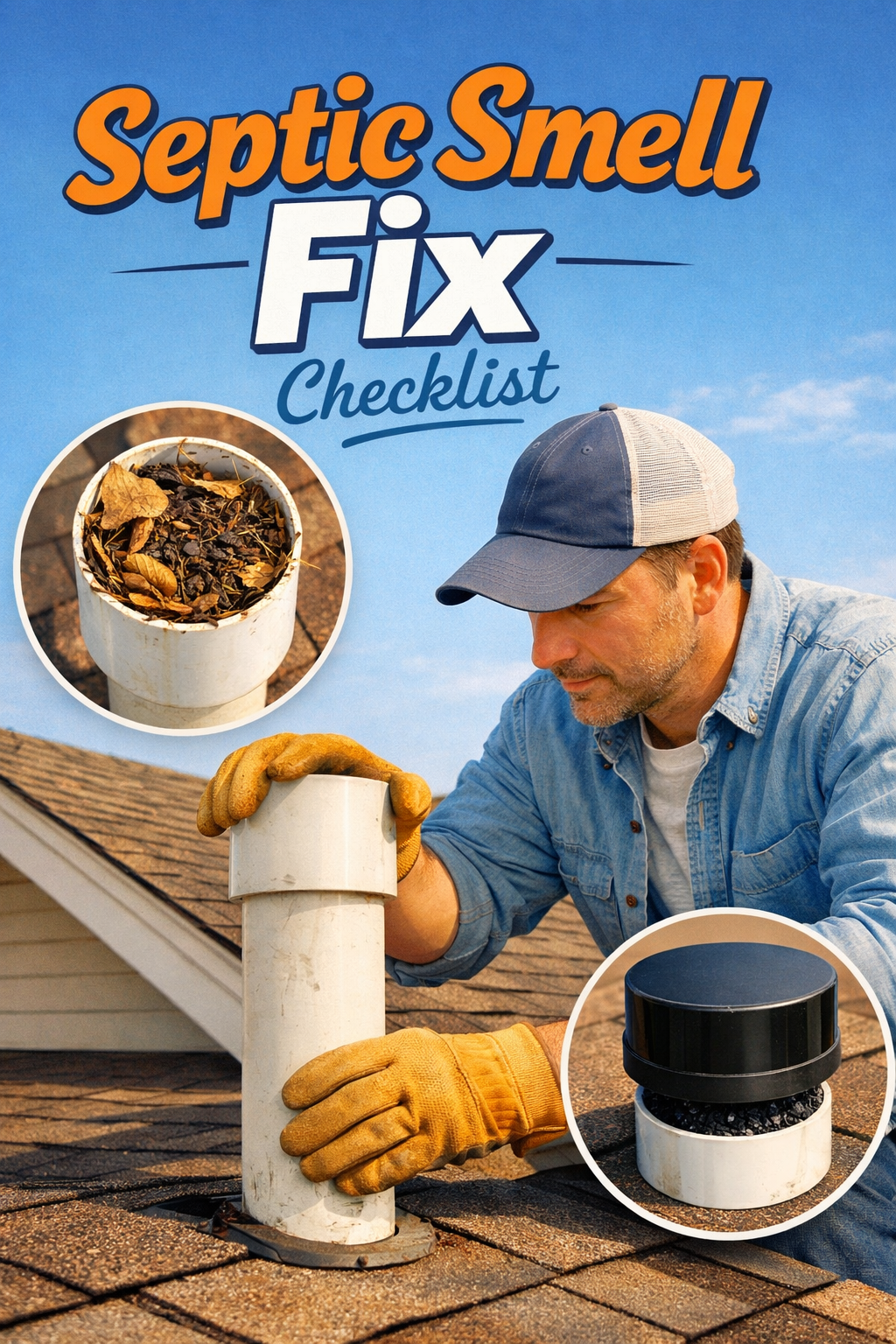 Portrait/Pinterest format () showing a homeowner in work gloves inspecting a septic tank vent pipe on a rooftop, with a